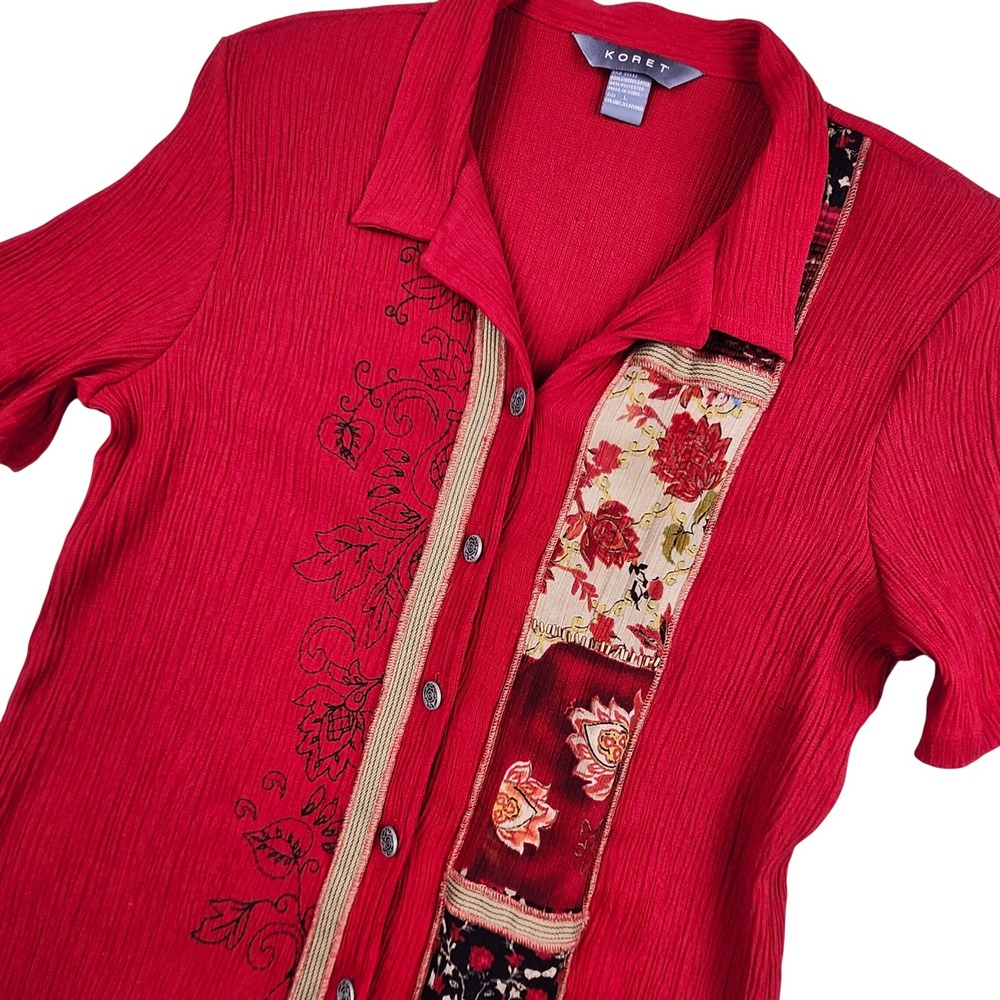 Koret Shirt Womens Large Red Floral Patchwork Embroidered Granny Artsy Boho